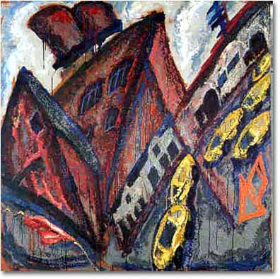 painting entitled 'Yellow Cabs and Warehouses', from 1986
