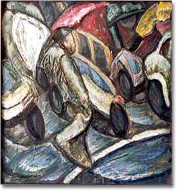 painting entitled 'The Intersection (Man Among Wheels)', from 1986
