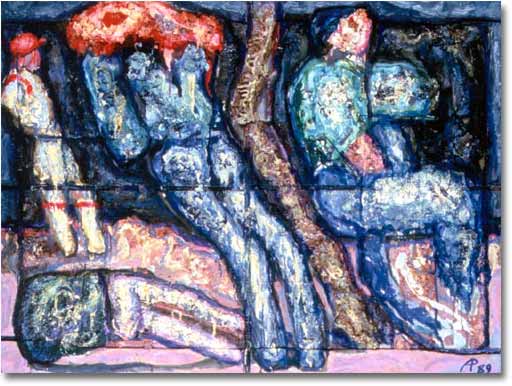 painting entitled 'Image of San Francisco #7 (Three Standing & One Lying Figures)', from 1989