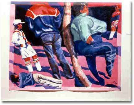 painting entitled 'Image of Mission St #7 (w/a Boy in Football Gear)', from 1989