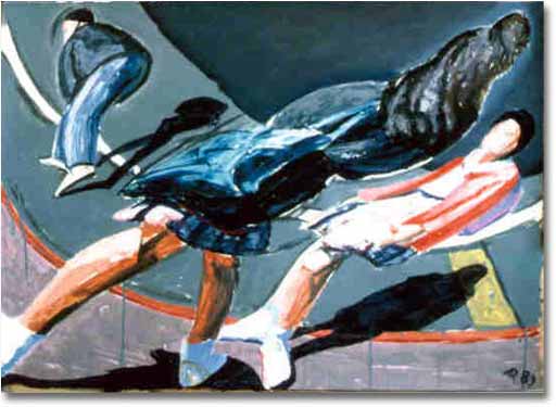 painting entitled 'Mission Street #10 (w/Three Students, Waiting for Bus)', from 1989